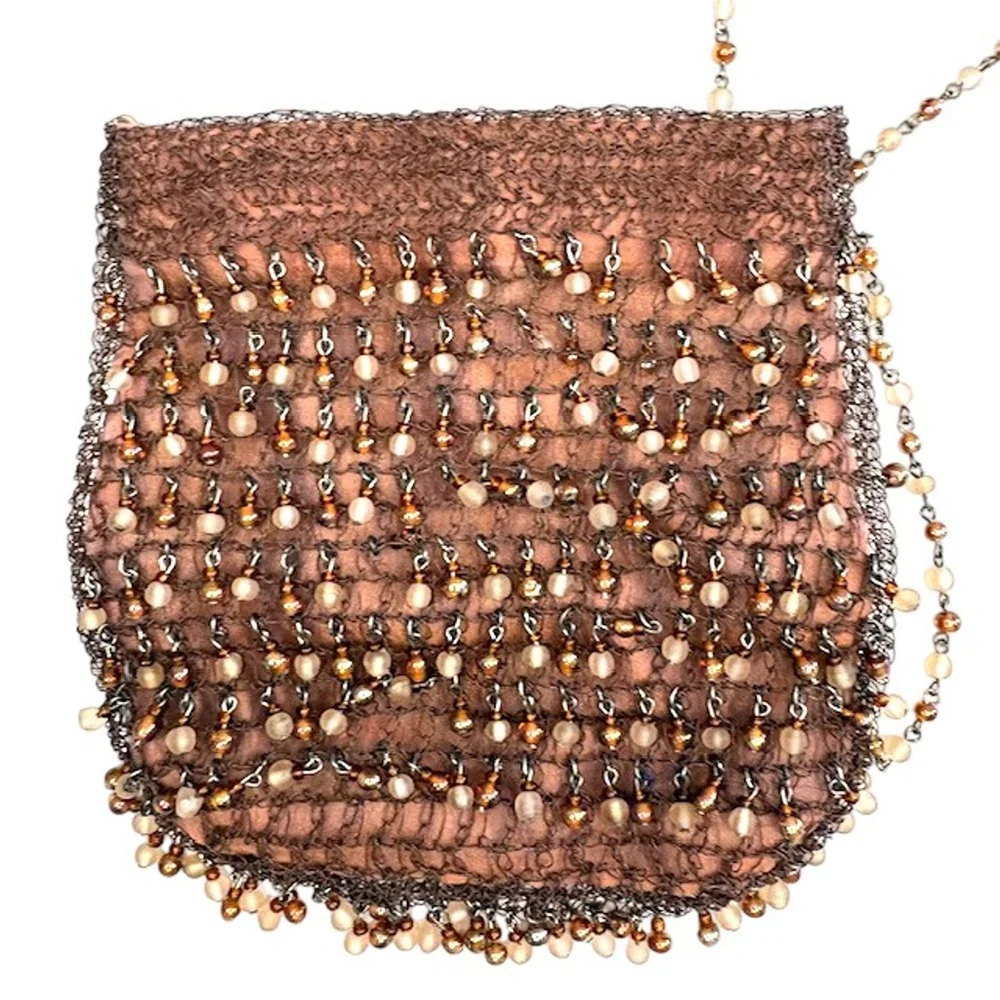 VTG LISA TOLAND Hand-Crafted Metallic Crocheted and Bronze Beaded Evening Bag